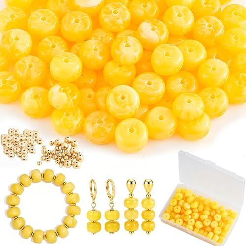 100Pcs 14mm Large Acrylic Beads for Jewelry Making, Chunky Marbled Round Focal Beads Bulk Set with Spacer Beads for DIY Bracelets Necklaces Keychains Bag Charms (Yellow) by YUJIEJewelry
