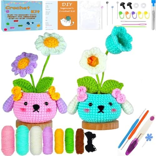 2PCS DIY Flower Crochet Kit for Beginners Animal Potted Plants Starter Knitting Kit Complete Learn to Crochet Pot for Adults Art Craft Supplies Gift with Step-by-Step Video Tutorials & Written Pattern - Image 2