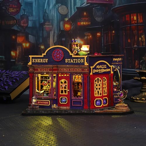 DIY Book Nook Kit - Miniature Dolls House Kit with Furniture and LED Light, 3D Puzzle Wooden Art Bookends, Model Kits for Adults to Build (Magic Energy Station) - Image 5
