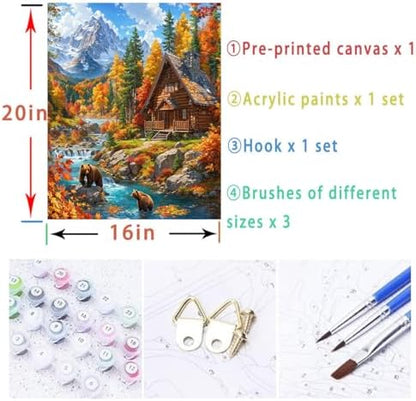 Mountain Paint By Numbers Kit For Adults Cabin Adult Paint By Number Kits On Canvas Bear Village Oil Painting Kit For Beginners Adults' Paint-By-Number Kits For Gift Home Wall Decor 16x20 Inch - Image 5