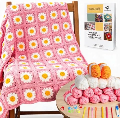 HHSarioneiro Crochet Blanket Kit for Beginners, Easy Granny Square Crochet Kit for Adults,with Step-by-Step Instructions and Clear Videos, Includes Multiple Accessories, Gift for Craft Lovers(Pink) by Unknown