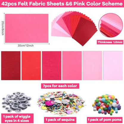 gisgfim 42Pcs Valentine's Day Pink Felt Fabric Sheets Craft Kit 8 x 12 Inch Assorted Soft Red Pink Felt Pack with Wiggle Eye Stickers Pom Poms Glitter Craft Supply for DIY Sewing Creative Art Project - Image 2