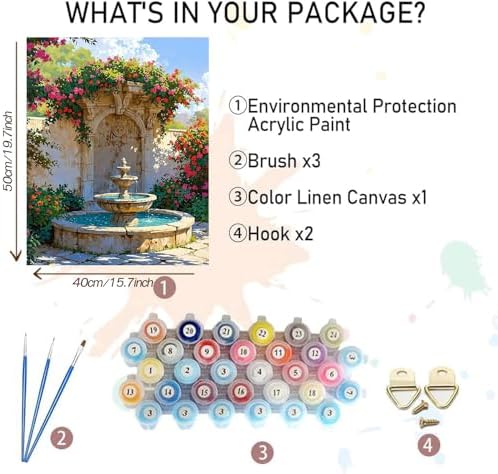 MBNTJHT Landscape Paint by Numbers Kit for Adults Beginner,DIY Fountain and Flowers Paint by Number Kits on Canvas,Unframed Watercolor Art Painting Kit Crafts for Home Wall Decor 16X20 Inch. - Image 2