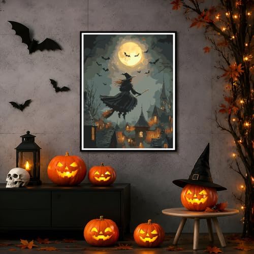 NXIKYO Flying Witch Paint by Numbers Kit for Adults Beginner, Adult Paint by Number Kits on Moon Village Canvas, DIY Acrylic Oil Easy Painting by Numbers for Home Wall Decor 16x20 inch (Without Frame) - Image 6