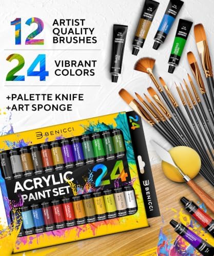 Complete Acrylic Paint Set – 24х Rich Pigment Colors – 12x Art Brushes with Bonus Paint Art Knife & Sponge – for Painting Canvas, Clay, Ceramic & Crafts, Non-Toxic & Quick Dry – for Kids & Adults - Image 2