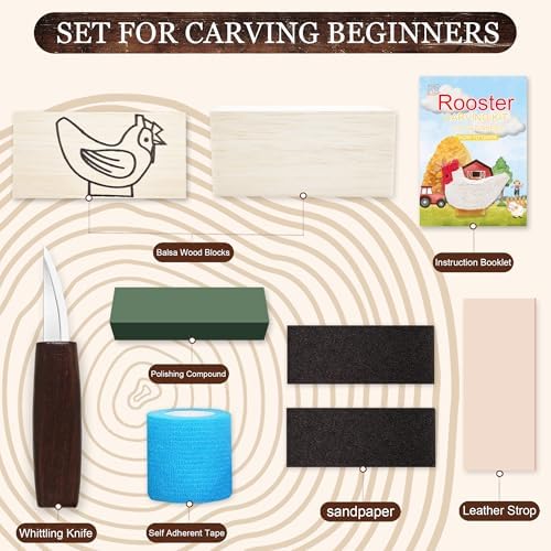 Wood Carving Kit, Chicken Carving DIY Kits for Adults,Wood Carving Tools with 1 Wood Carving Knives 2 Balsa Blocks (Rooster) - Image 2