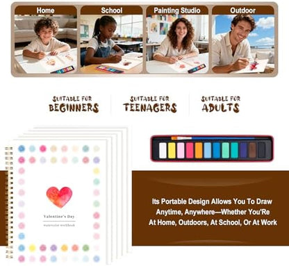 Valentine's Day Watercolor Workbook for Adults, Beginner Friendly Watercolor Painting Kit Pattern Water Coloring Book, Valentines Themed Practice Art Gift Water Color Paint Book with Palette Brush - Image 4