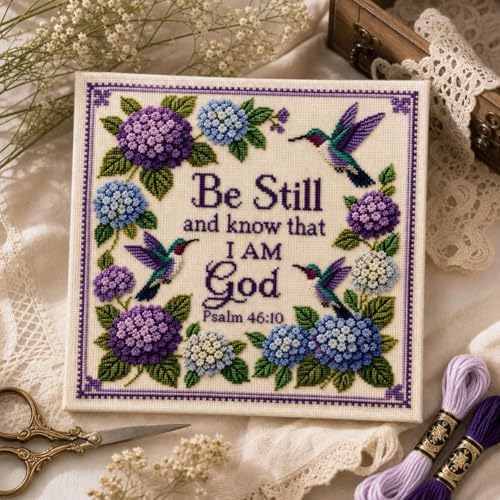 Hummingbird Garden Faith Cross Stitch Kit, Psalm 46:10 Be Still and Know Christian Embroidery Set | Premium Wool Yarn DIY Hand Stitch Craft for Adults Beginners, Religious Home Wall Decor Gift - Image 4