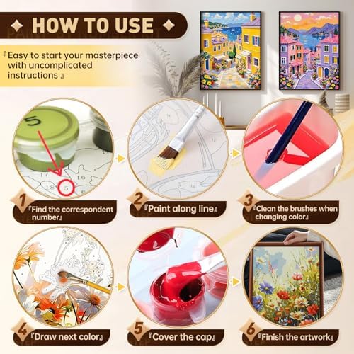 Qaisxoty Paint by Numbers Kit for Adults Beginners, 2 Pack Town Landscape Paint by Number with Rolled Canvas, Acrylic Paint, Box, DIY Painting by Number Kit for Great Gift & Home Decor - 12” x 16” - Image 6