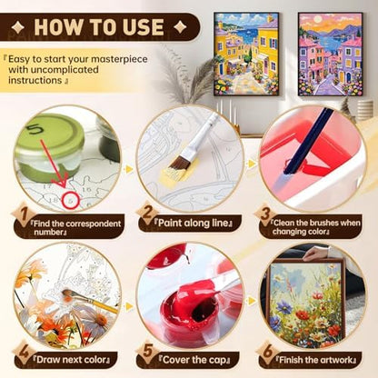 Qaisxoty Paint by Numbers Kit for Adults Beginners, 2 Pack Town Landscape Paint by Number with Rolled Canvas, Acrylic Paint, Box, DIY Painting by Number Kit for Great Gift & Home Decor - 12” x 16” - Image 6