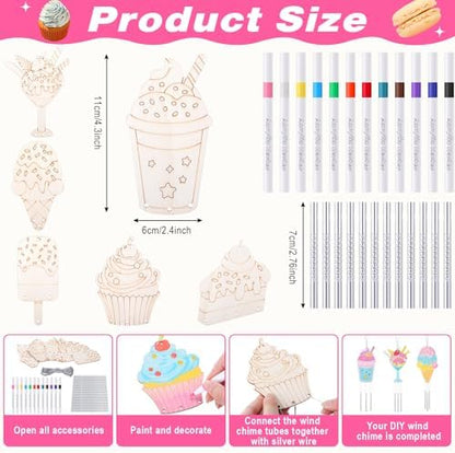 Potchen 18 Sets DIY Wind Chimes Craft Kit Unfinished Wood Art, Ice Cream - Image 2