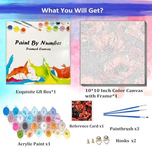 JUJUHOOD Red Poppy Paint by Numbers Kit for Adults Beginner & Kids Ages 8-12, Easy Flower Paint by Number Without Easel, Simple Paint by Numbers for Gift Home Wall Decor (10x10Inch) - Image 4