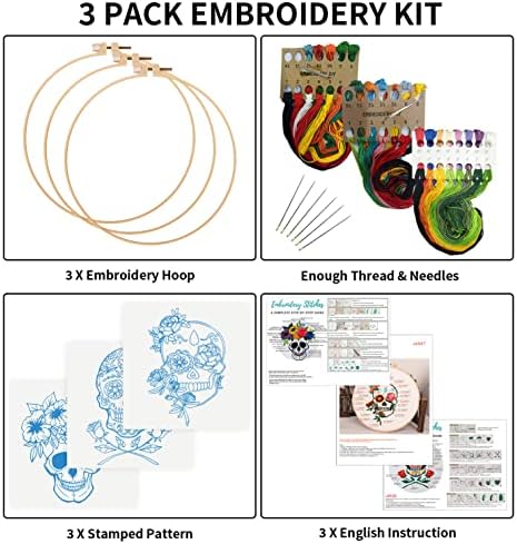 Nuberlic 3 Pack Embroidery Kit for Beginners, Halloween Skull Cross Stitch - Image 2