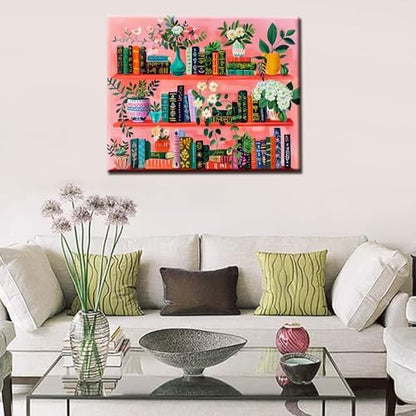Bookshelf Book Theme Pink Library Paint by Numbers Kits for Adult Paint by Numbers Boho Painting Kits on Canvas with Brushes and Acrylic Pigment for Home Wall Decor Without Framed 16''W x 20''H - Image 4