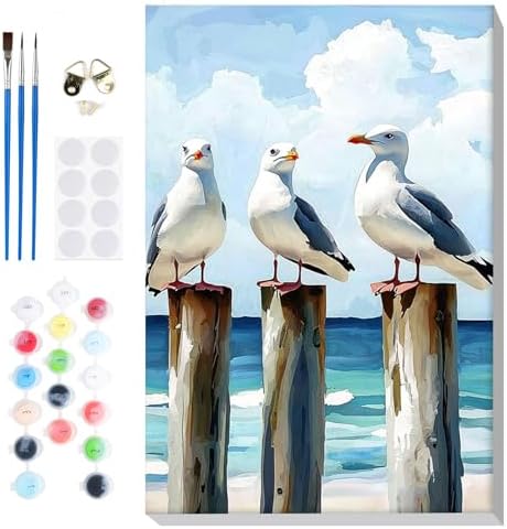Bowetile Framed Paint by Numbers Seagull for Adults Beginners, Adults' Paint-by-Number Seagull Kits, Easy Adult Paint by Number Kits on Canvas, Acrylic Animals Number Painting for Home Decor, 8x12in by BOWETILE