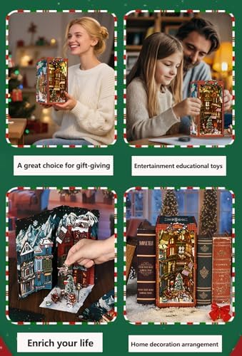 Book Nook, Christmas Cottage 3D Wooden Puzzle with LED Lights, DIY Festive Holiday Bookend Decor, Cozy Winter Scene with Christmas Tree, Wreath, and Snowman - Image 7