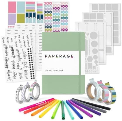 PAPERAGE Bullet Journal Kit, Dotted Journaling Set & Stationary Kit, Hardcover Dotted Journal Notebook (Sage Green), 12 fineliner Pens, 8 Sticker & 3 Stencil Sheets, 6 Washi Tapes by PAPERAGE