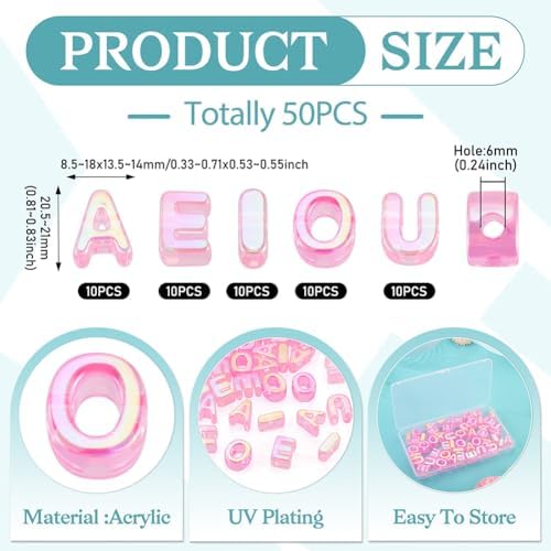 FASHEWELRY 50Pcs Vowel Large Letter Beads, 20mm Big Acrylic Alphabet Beads, Large Hole Vowel Bead Spacer for Bracelets Necklaces Bag Charms Shoelaces Keychains Lanyards (Hot Pink) - Image 4
