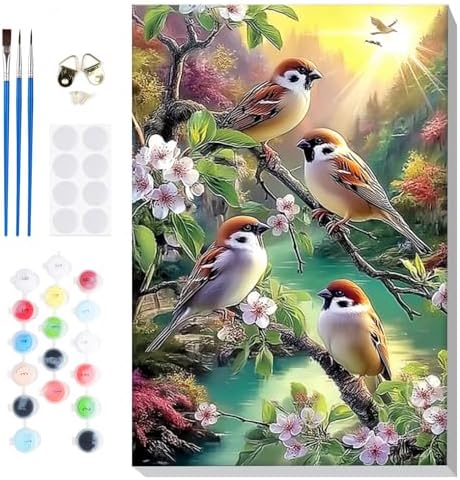 Bowetile Paint by Numbers Birds Kit for Adults, Framed Painting by Numbers Animal, Adults' Paint-by-Number Kits on Canvas, Acrylic Flower Number Painting Gifts for Home Wall Decor, 8x12in by BOWETILE
