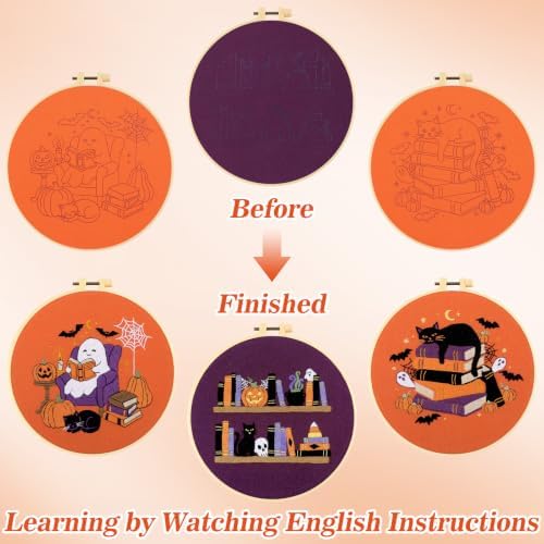 Mindsoft 3 Set Needlepoint Kit for Beginners with Hoop,Halloween Booklover - Image 6