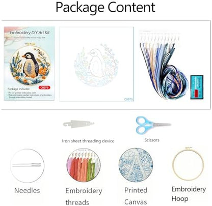Zhenqing Penguin Embroidery Kit for Beginners, Cute Penguin Needlework Craft with Pre-Printed Cotton Fabric, Hoop, Threads & Tools, Animal Decor (C0070) - Image 4