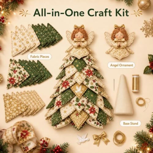 Quilted Christmas Tree Kit – Pre-Cut Fabric & Foam Cone DIY Tabletop Decoration with Tree Topper, No-Sew Holiday Craft Kit for Adults & Kids, Christmas Tree Decorations for Home, Party & Gifts (set9) - Image 5