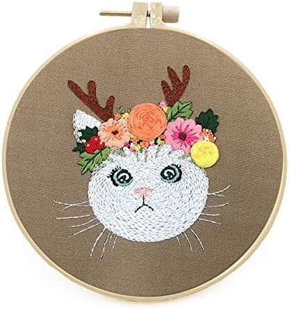 Mozzyyee Embroidery Starter kit, DIY Adult Beginner Embroidery Kits, Including Cloth with Cat Patterns, Colored Threads, Needles, Hoops and Instructions (Gray) by Mozzyyee