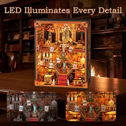 Book Nook Kit - DIY Miniature World Library Booknook - 3D Wooden Puzzle with LED Lights - Creative Bookshelf Insert & Educational Gift for Adults - Image 4