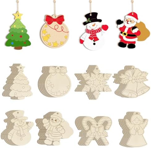 80PCS Wooden Christmas Ornaments to Paint, 8 Styles DIY Blank Unfinished Wood Reindeer Santa Claus Christmas Tree Ball Snowman Snowflake Angel Cutouts Ornament for Crafts Winter Hanging Decorations by Sophena