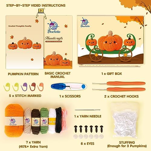 Crochetta Crochet Kit for Beginners, Crochet Starter Kit with Step-by-Step Video Tutorials, Crochet Animal Kits for Adults and Kids, DIY Craft Supplies, 3 Pack Halloween Pumpkins Family (40%+ Yarn) - Image 3