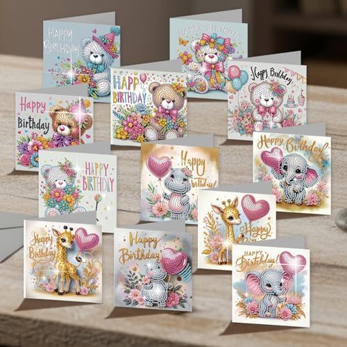 jinglinhh 12pcs Diamond Art Painting Birthday Bear Elephant Giraffe Flower Balloon Greeting Cards with Envelopes, DIY Card Making Kits for Adults, Diamond Art Postcards Christmas Cards Craft Gifts - Image 5