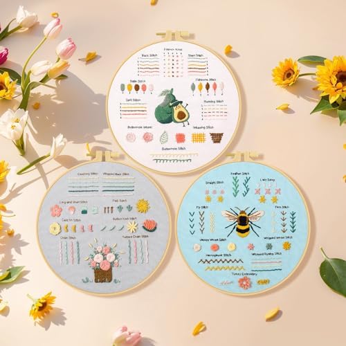 Ponpon 3 Sets Embroidery Kit for Beginners, Embroidery Kit for Adults with Follow Instruction, Cross Stitch Kits with Wooden Embroidery Hoops (Stlye D) - Image 5