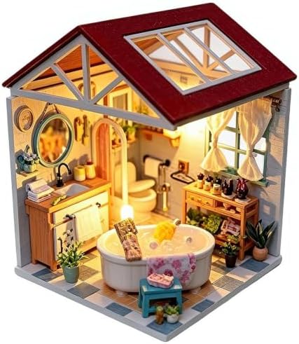 DIY Miniature House Kit with LED Light and Dust Cover, 3D Wooden Dollhouse Assembly Model Building Kit for Adults Teens, Creative Craft Project, Bookshelf Decor and Birthday Gift (Bubble Bath) by Unknown