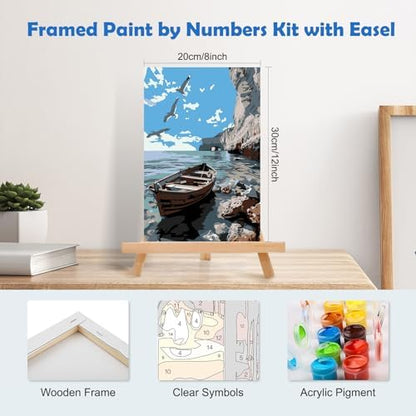 MOGTAA Paint by Numbers Kit for Adults with Frame, Lake Landscape Paint by Number Canvas, Birds Paint by Numbers with Easel, DIY Ship Oil Painting Kit for Home Wall Decor 8 x 12 Inch - Image 2