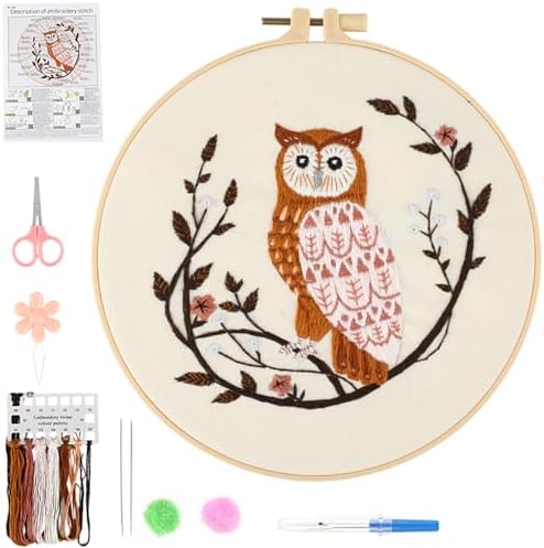 Beginner Owl Embroidery Kit for Adults, Pre-Printed with Video Tutorial by JOINRUN
