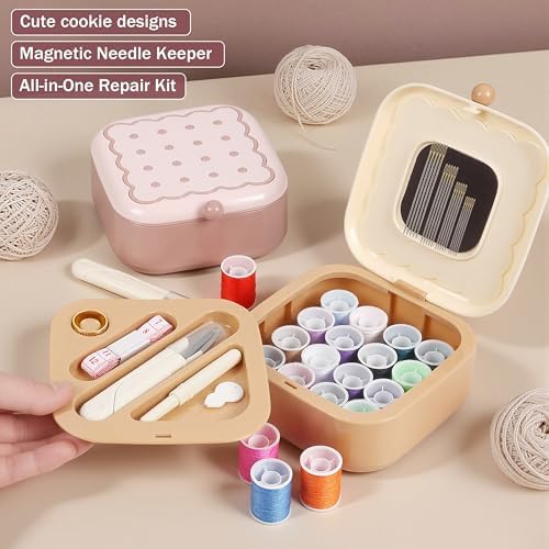 LOTOFUN Small Sewing Kit Box: Cookie Design Portable 2-Layer Organizer Magnetic Needle and Thread Kits Holder Basic Case - Travel Emergency Clothes Repair for Adults (Beige) - Image 2