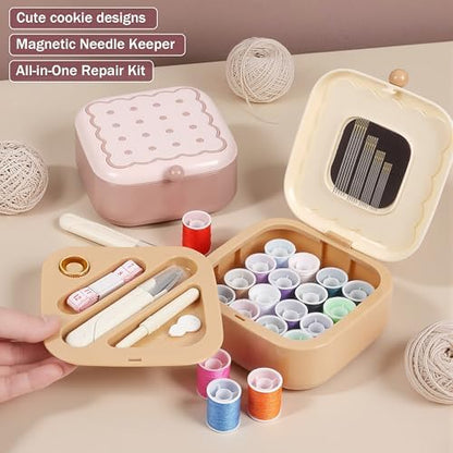 LOTOFUN Small Sewing Kit Box: Cookie Design Portable 2-Layer Organizer Magnetic Needle and Thread Kits Holder Basic Case - Travel Emergency Clothes Repair for Adults (Beige) - Image 2