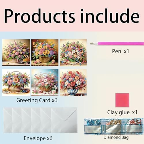 6pcs Bouquet Flower Basket Diamond Art Painting Greeting Cards Kit with Envelopes, 5D DIY Special Shaped Card Making Kits for Adults, Holiday Birthday Postcards, Creative Craft Gifts - Image 3