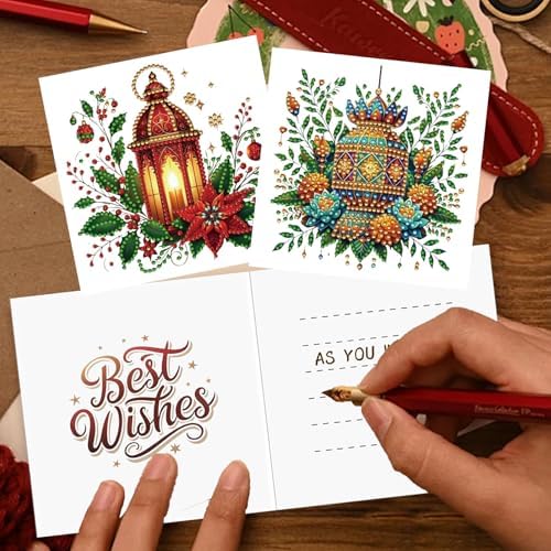 jinglinhh 12pcs Christmas Poinsettia Night Light Diamond Art Painting Greeting Cards with Envelopes, DIY Card Making Kits for Adults, Diamond Art Christmas Cards for Holiday Postcards Craft Gifts - Image 7