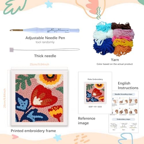 SDOYUNO Punch Needle Kit with Frame for Adults Beginners Kits 9.84 x 9.84 Inch Embroidery Starter Kits Punch Needle Kit with Red Flower Pattern, Threader, Yarns, Rug Punch, DIY Craft Kits (red) - Image 2