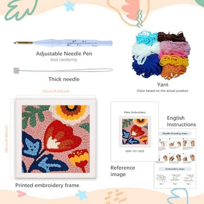 SDOYUNO Punch Needle Kit with Frame for Adults Beginners Kits 9.84 x 9.84 Inch Embroidery Starter Kits Punch Needle Kit with Red Flower Pattern, Threader, Yarns, Rug Punch, DIY Craft Kits (red) - Image 2