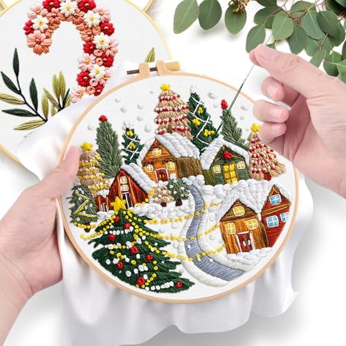ERKOON Embroidery Kit for Beginners, 5 Sets Christmas Cross Stitch Set for Adults Include Embroidery Cloth Hoops Threads for Craft Lover Hand Stitch with Skill Techniques (Christmas#2) - Image 5