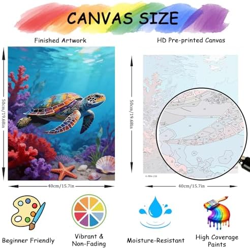 Ocean Paint by Numbers Kit for Adults, Sea Turtle Swimming in Deep Coral Reef Adult Paint by Number Kits, Marine Life Painting by Numbers Canvas, DIY Arts and Crafts for Home Decor, 16x20 Inch - Image 4