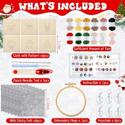 WinnerWhy 6 Pcs Christmas Punch Needle Kit Adults Beginner Keychain Accessories Christmas Punch Needle Embroidery Kit Includes Patterns, Tools, Yarns, Hoop, Instruction, Easy Art Work Decor for Adult - Image 2