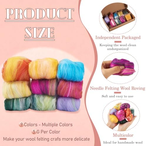9 Colors 45G Mixed Color Fibre Wool Yarn Roving for Needle Felting, Wool Roving, Soft Felting Wool Supplies for Hand Spinning, Blending, Felting, Weaving and DIY Craft Material - Image 3