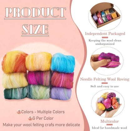 9 Colors 45G Mixed Color Fibre Wool Yarn Roving for Needle Felting, Wool Roving, Soft Felting Wool Supplies for Hand Spinning, Blending, Felting, Weaving and DIY Craft Material - Image 3