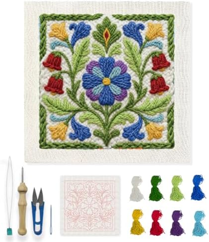 INFUNLY Retro Green Punch Needle Kit 9.4x9.4 inches Flowers Punch Needle Embroidery Kits Pastoral DIY Needles Stitching Kits for Beginners with Instruction Yarns Christmas Birthday Hanging Decor by INFUNLY