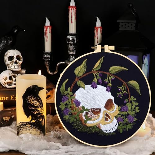 Gothic Skull Embroidery Starter Kits for Beginners Adults, Halloween Stamped Cross Stitch Kit for Beginners Adults, Flowers Hand Embroidery Needlepoint Kit, 2 Embroidery Hoop (Attached Video Tutorial) - Image 5
