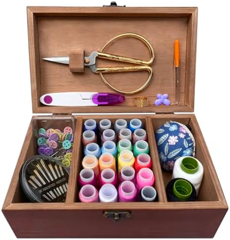 Wooden Sewing Kit Box with Cute Sewing Accessories, Sewing Basket Kit for Adults Beginners Kids Girls, Home Hand Sewing Starter Kit by Crafton
