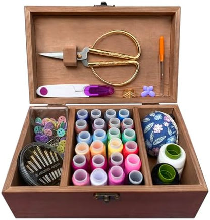 Wooden Sewing Kit Box with Cute Sewing Accessories, Sewing Basket Kit for Adults Beginners Kids Girls, Home Hand Sewing Starter Kit by Crafton